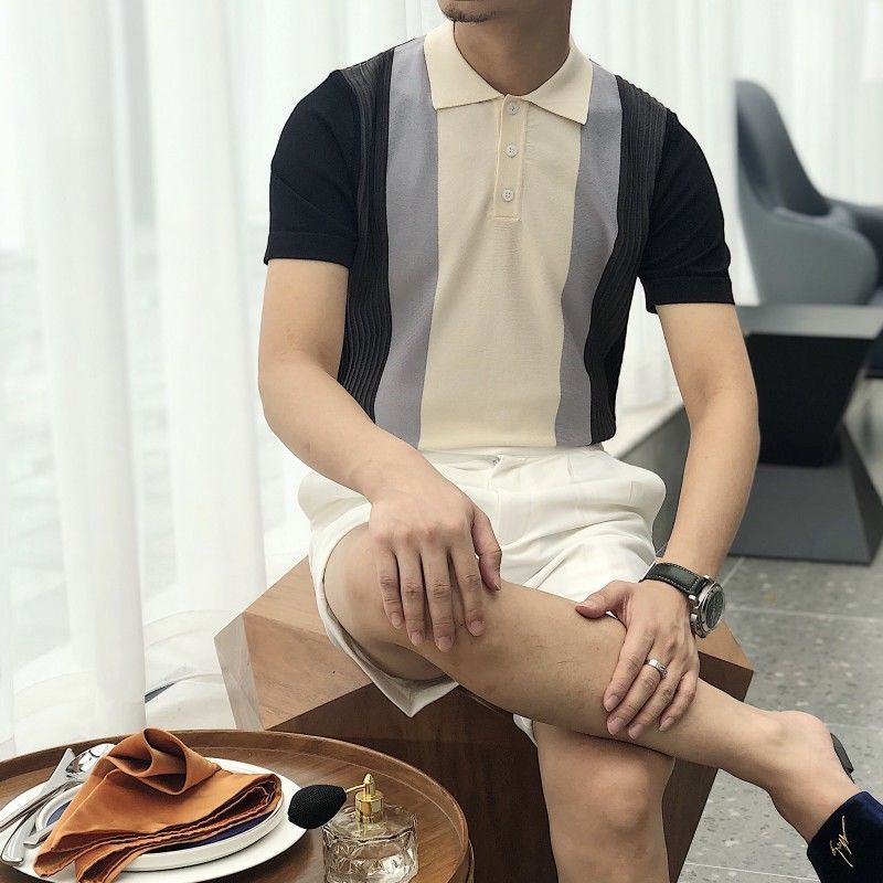 Áo polo Dệt Kim Ngắn Tay Màu Sắc Tương Phản Phong Cách Nhật Bản Thời Trang Mùa Hè Dành Cho Nam s 2022
