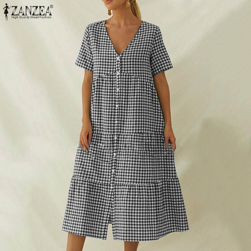 Đầm Zanzea tay ngắn cổ chữ V họa tiết sọc caro thiết kế xếp tầng thời trang cho nữ