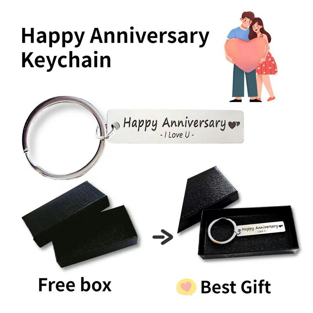 Móc Chìa Khóa Bằng Thép Không Gỉ Khắc Chữ Happy Anniversary Kèm Hộp Đựng