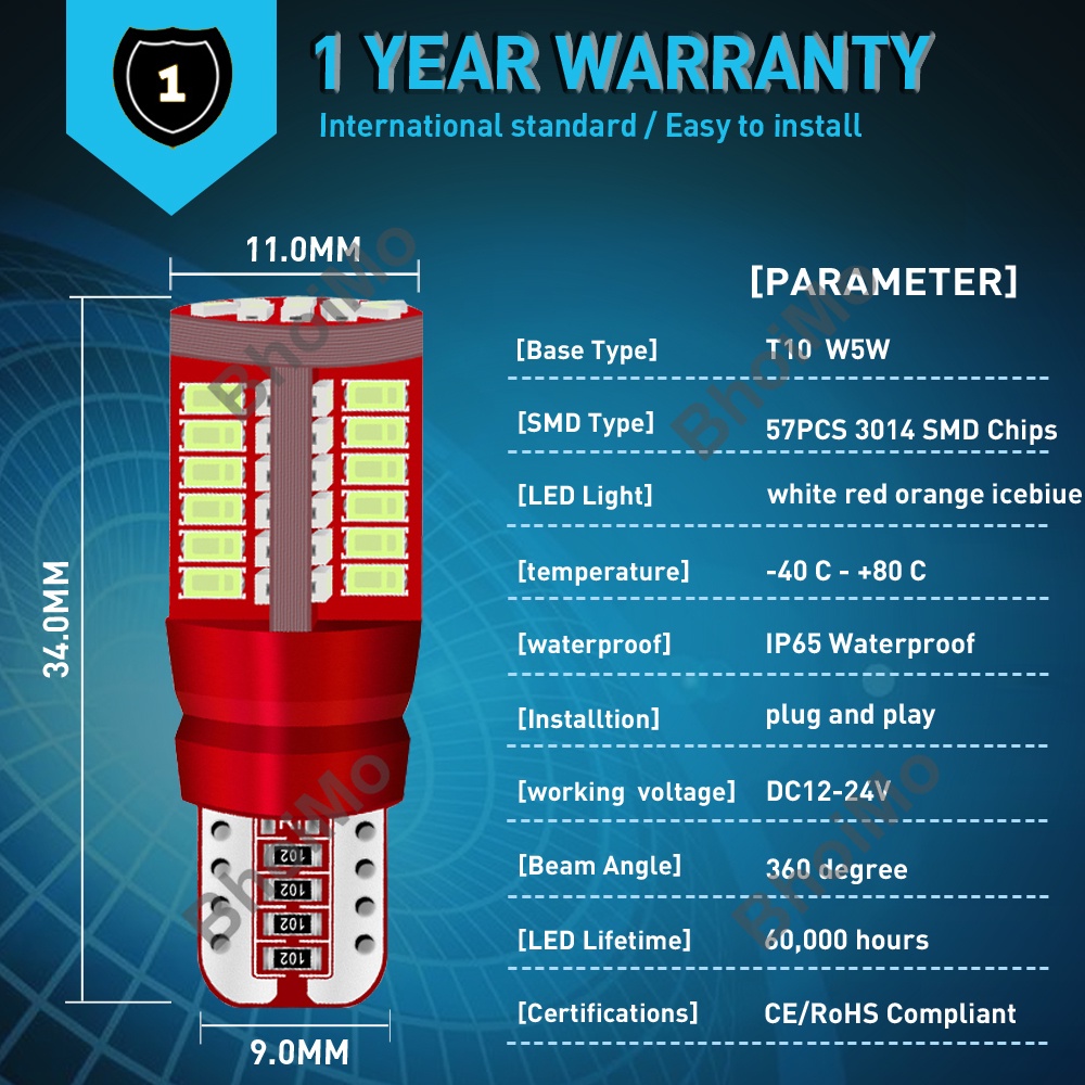 Bóng Đèn Led Bhoimo 57smd T10 W5W 194 Led 3014 Dc12V Cho Xe Hơi / Xe Tải