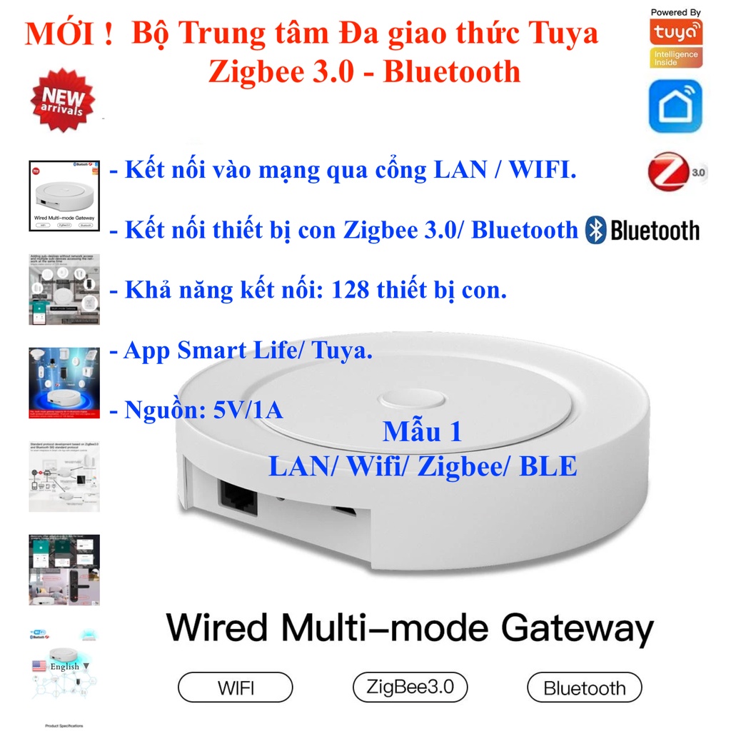 Bộ trung tâm/ Bộ tiếp sóng Tuya Hub/ Gateway Zigbee 3.0, Bluetooth, Wifi, LAN, Repeater, IR, RF Tuya