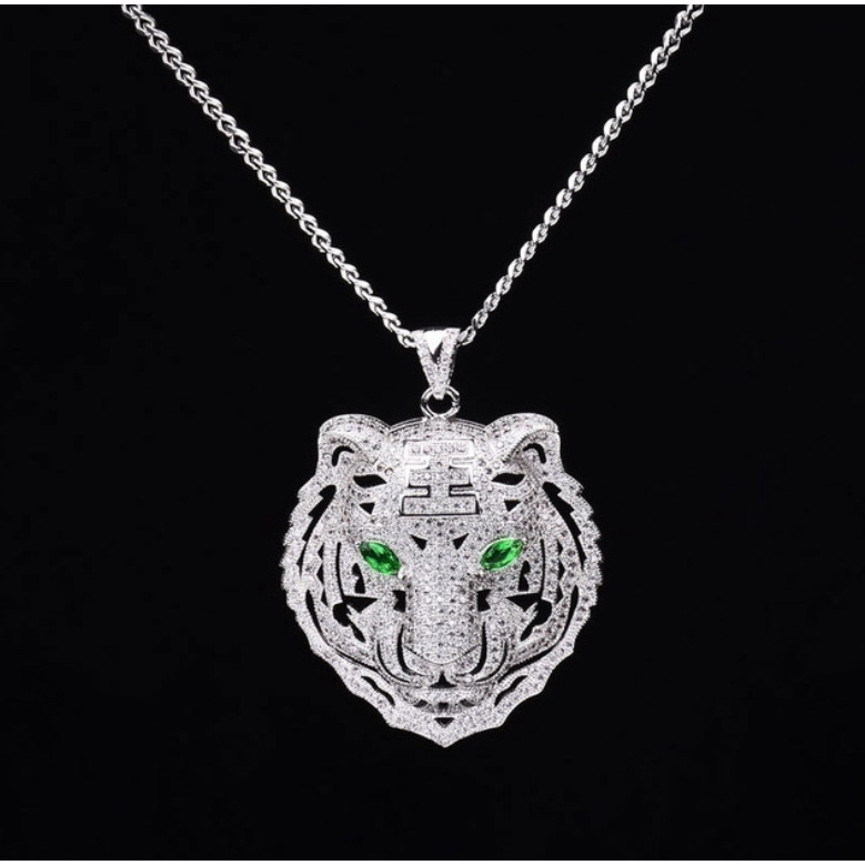 Vòng cổ mặt hình con hổ chất liệu đồng 100% đính đá zircon phong cách hip hop dành cho nam
