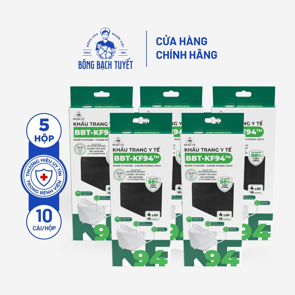 Combo 5 Gói Khẩu trang Bông Bạch Tuyết KF94 4 lớp - Đen (10 cái/gói)