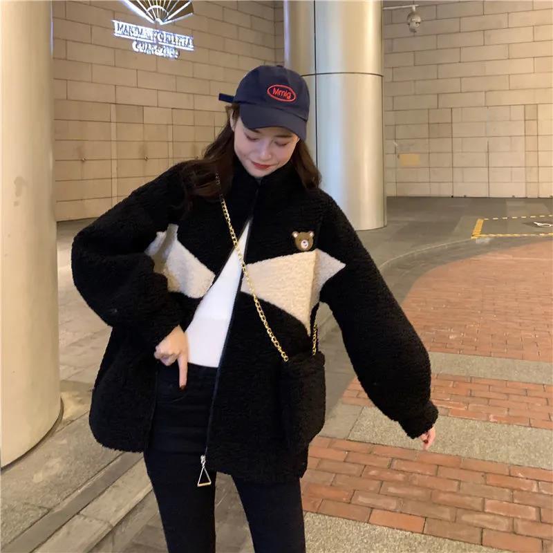 Áo khoác IELGY chất liệu lông cừu cashmere giả dáng rộng phong cách Hàn Quốc dành cho nữ