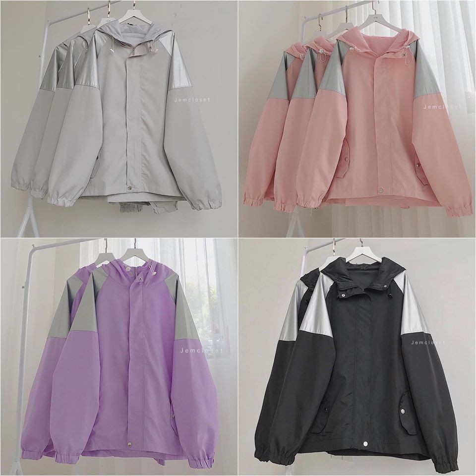 Áo Khoác Dù Nữ Tráng Bạc JEM CLOSET Áo Khoác Form Rộng Dài Tay Mũ Rộng Chất Siêu Nhẹ Unisex 4 Màu Đen Hồng Tím Xám 1564