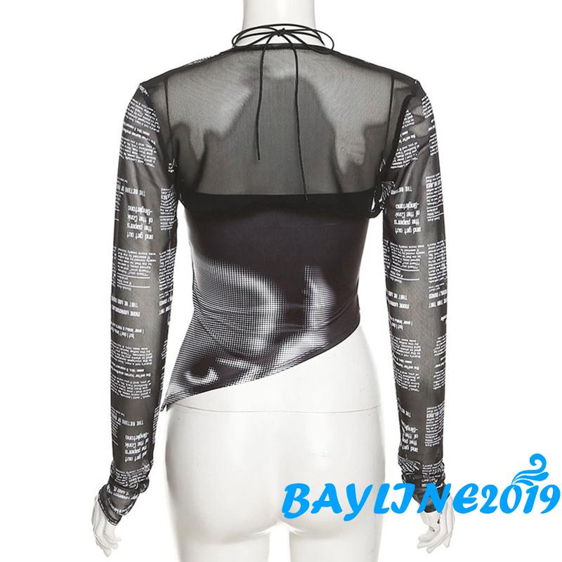 Set Đồ 2 Món Áo Croptop Tay Dài Họa Tiết In Chữ Phối Lưới In Chữ Cá Tính Cho Nữ