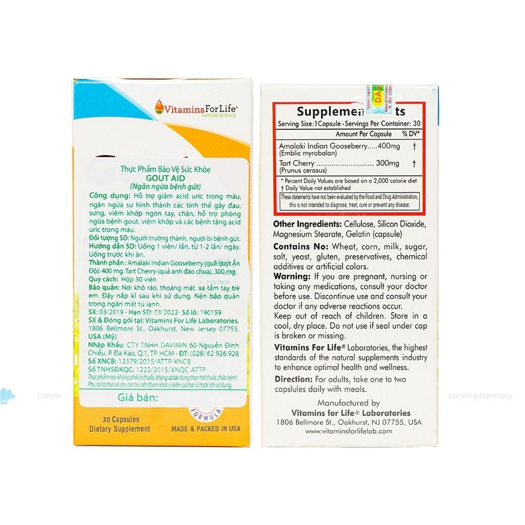 ✅(Chính Hãng) Gout Aid Vitamins For Life - hỗ trợ giảm acid uric, phòng ngừa gout (lọ 30 viên)
