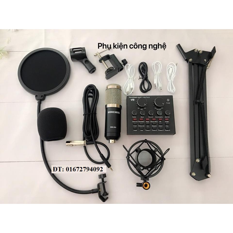 COMBO THU ÂM BM 900+SOUND CARD V8+KẸP MÍC+LỌC+TẶNG TAI s8 BH 6 tháng