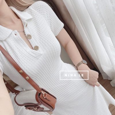 Váy tổ ong cổ bẻ khuy dáng bo eo nhẹ tôn dáng