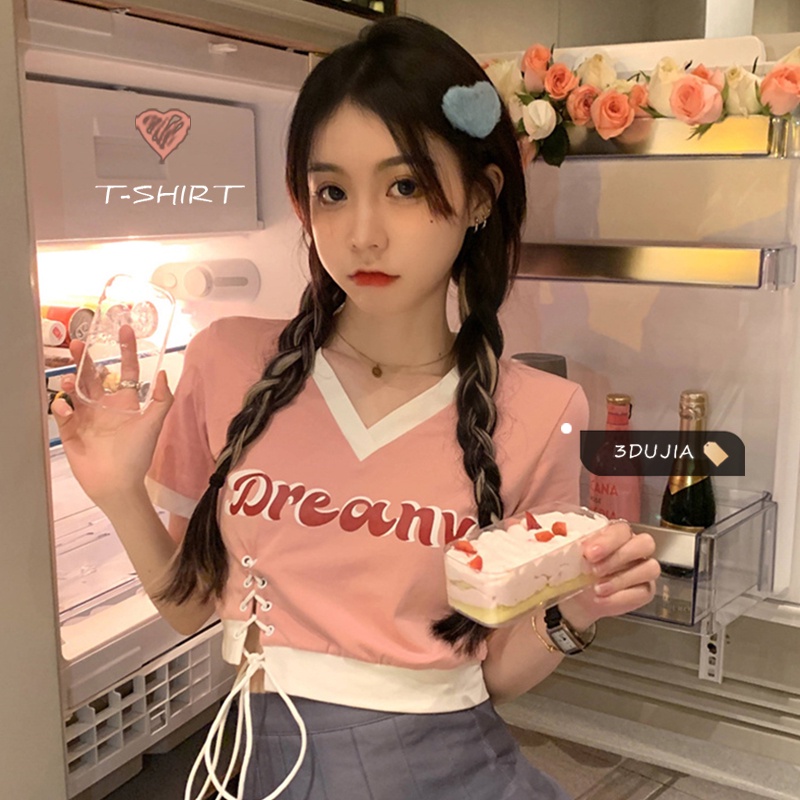 【ZHELIHANGFEI】 / Áo Thun Tay Ngắn Màu Trơn Kiểu Retro Mỹ Thời Trang Mùa Hè Cho Nữ