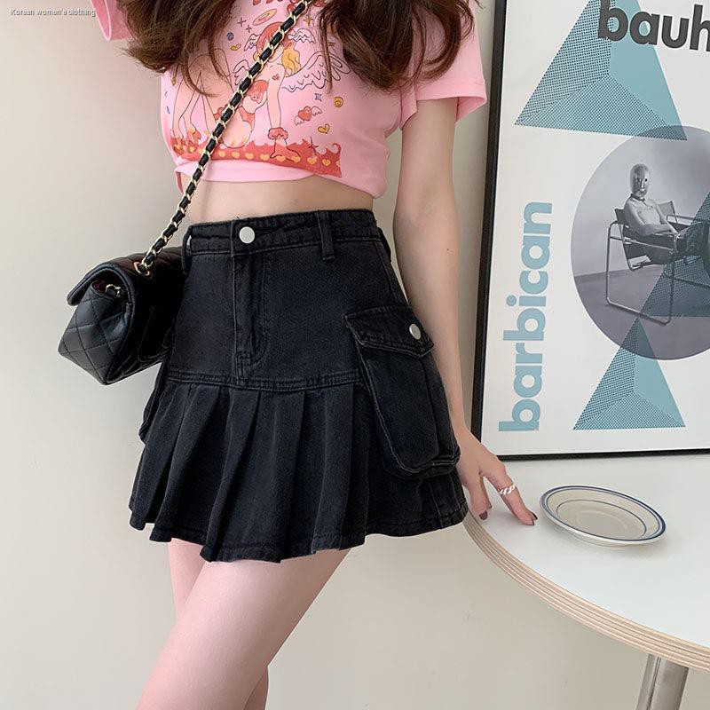 Black denim skirt female spring and summer high waist short loose thin A-line pleated