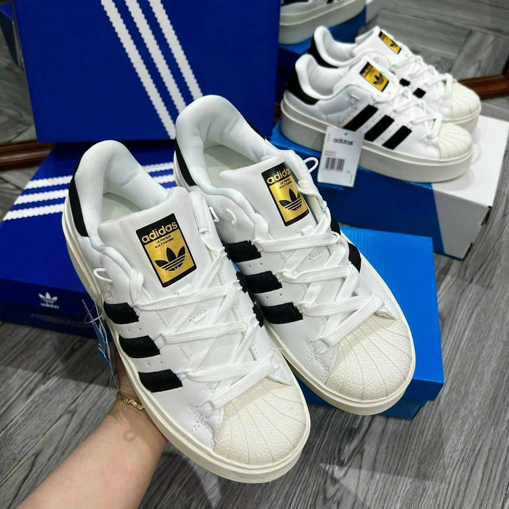 Giày adidas superstar Bonega Cloud White trắng đen mũi vân sò, giày mũi sò độn đế cao mới full box