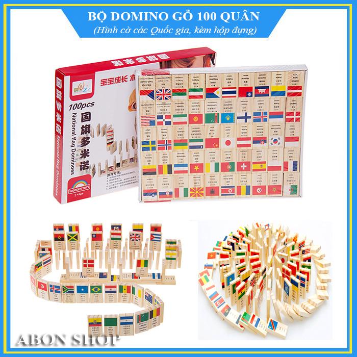 Bộ Domino gỗ - Hình 100 lá cờ các Quốc gia trên thế giới - Có hộp đựng
