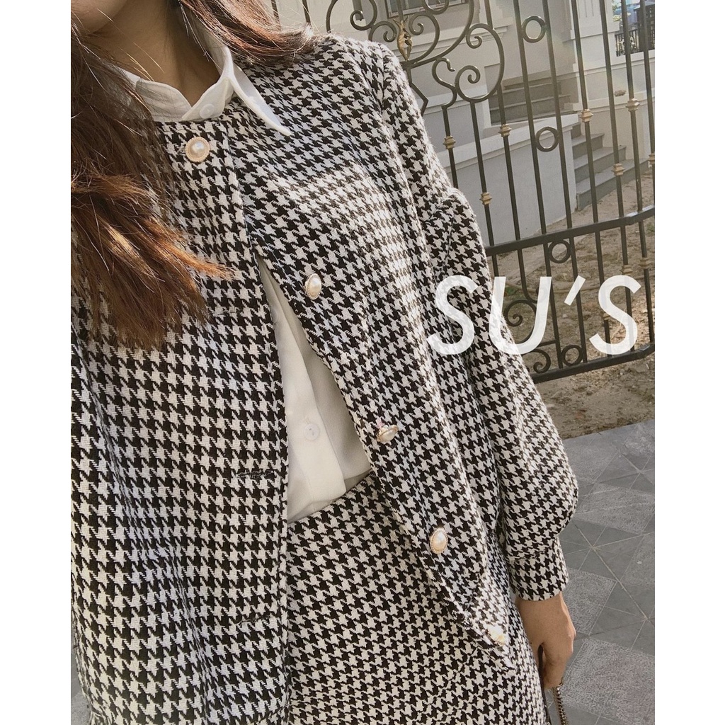 Set áo khoác dạ kẻ tay bồng kèm chân váy viền tua rua 247store.vn - mã 6062