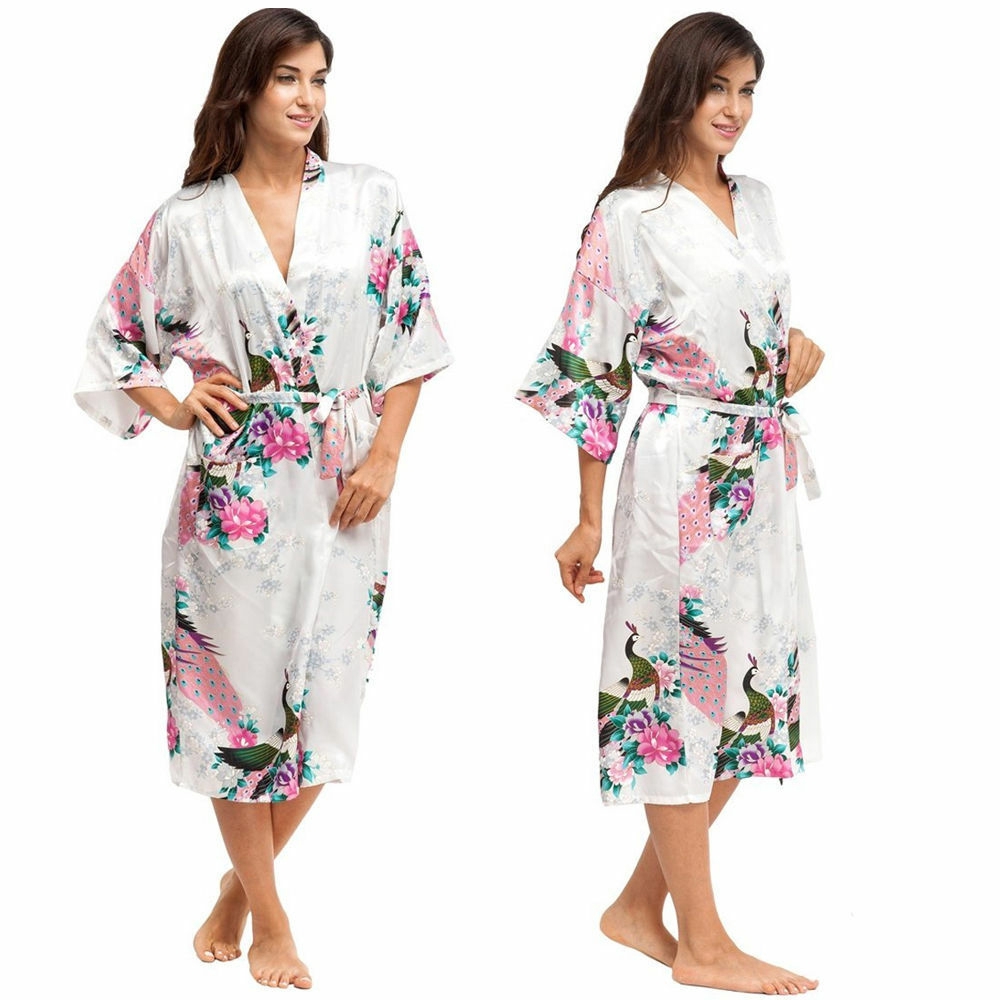 Áo choàng ngủ kimono vải lụa satin in họa tiết hoa và chim công thời trang phối dây thắt lưng
