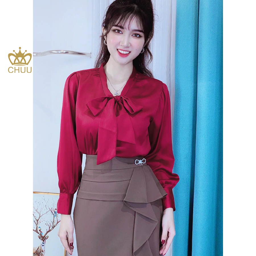 Áo sơ mi lụa trơn nơ tay dài CHUU A5236