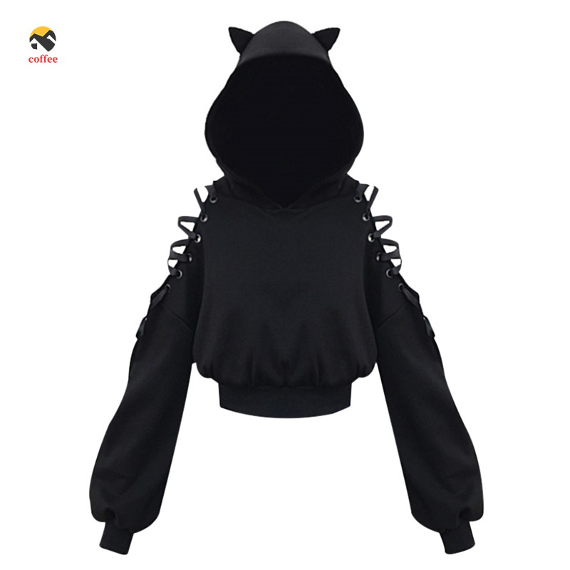 Áo Hoodie Màu Đen Dáng Rộng Phối Tai Mèo Dễ Thương Phong Cách Harajuku Cho Nữ