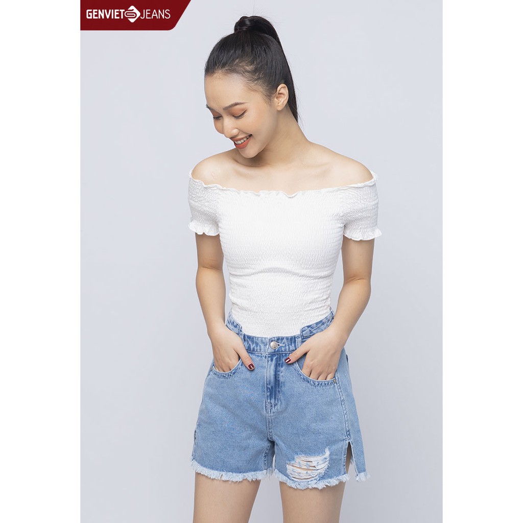 XQ424J1249 - Quần Short GENVIET Jeans Nữ Phối Xước