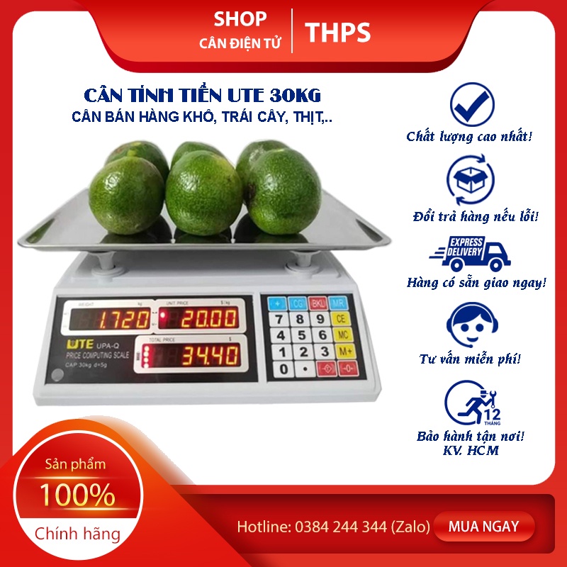 Cân điện tử tính tiền UTE UPA-Q, Cân 30kg, Dùng pin sạc, Đĩa cân inox lõm, Hai màn hình trước sau, Bảo hành 12 tháng