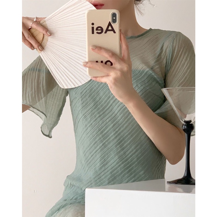 Đầm, váy nữ dáng dài 2 lớp tay ngắn xếp ly màu xanh bạc hà thời trang mùa hè mới nhất VDA1