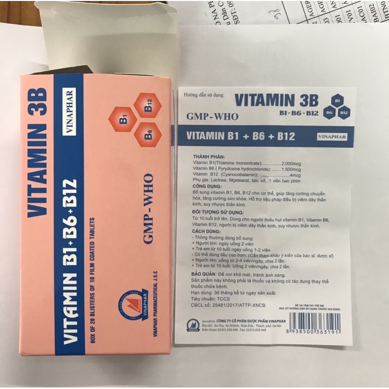 VITAMIN 3B  - B1,B6,B12- Hộp 100 viên nén  Vinaphar -Hỗ trợ cải thiện tình trạng thiếu hụt vitamin nhóm B