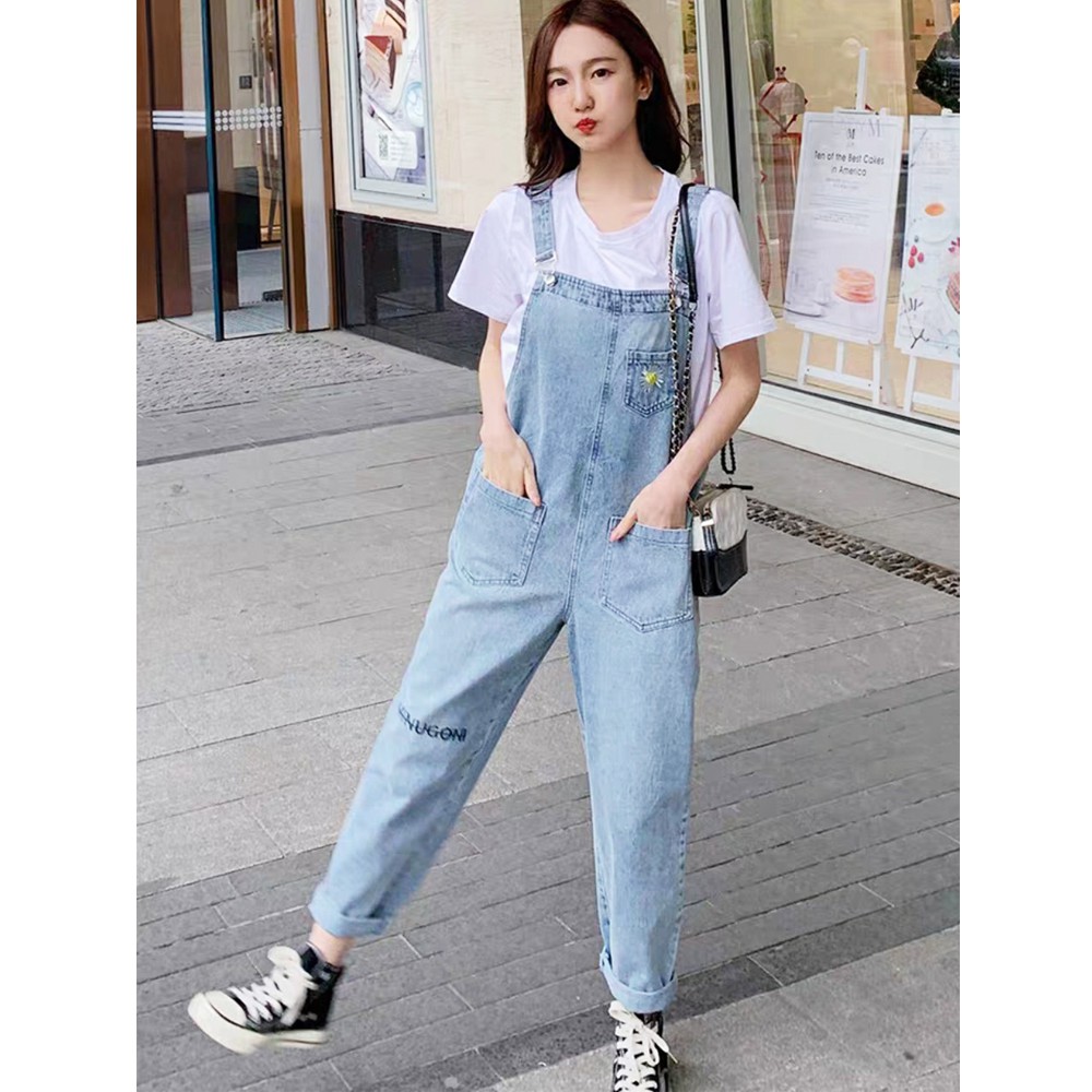 Quần yếm jean dài thêu hoa cúc SAIGONJEAN YJ004 - Yếm bò ulzzang hoa cúc