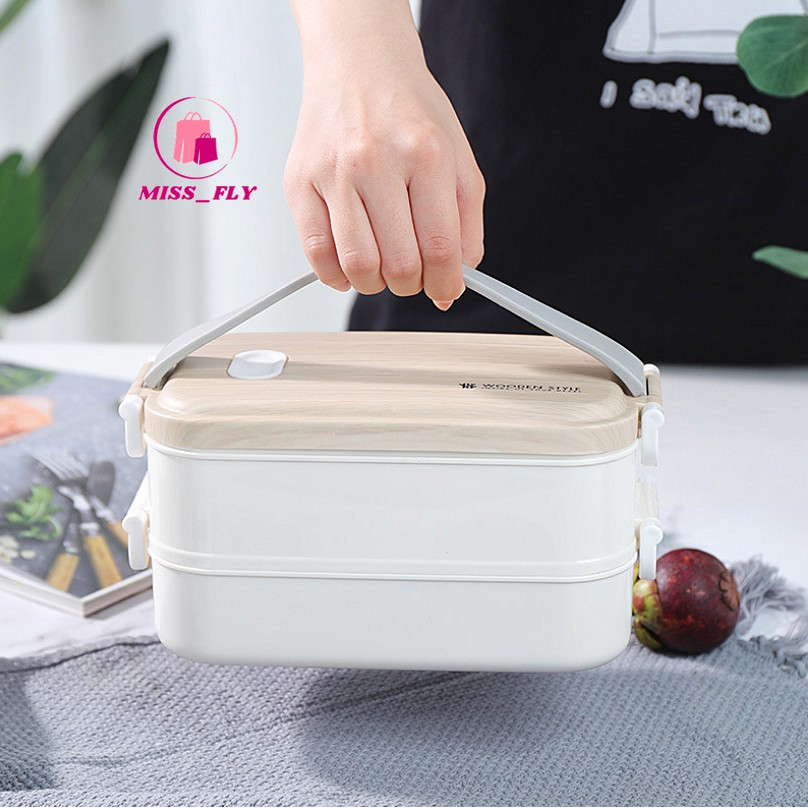 Hộp Cơm 2 Tầng Ruột Inox Hộp Cơm Văn Phòng 2 Tầng Tiện Lợi - Bộ hộp cơm trưa cách nhiệt 2 tầng đũa thìa và túi giữ nhiệt