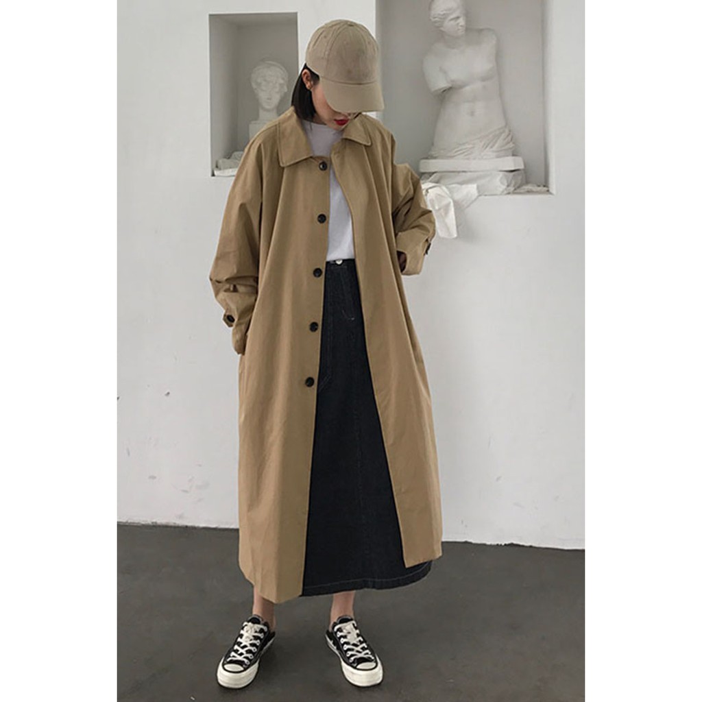 Áo trench coat kaki dáng dài màu kem freesize (có ảnh thật)