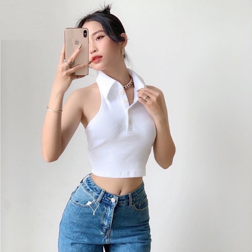 Áo croptop sát nách cổ đức, áo yếm hở lưng quyến rũ tôn vòng 2