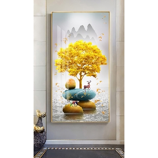 Tranh nghệ thuật hiện đại phong thủy Nai Vàng Tài Lộc và cây vàng Tài Lộc bóng kính hoặc canvas ZTU_91584