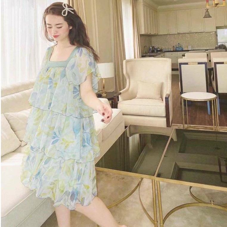 Đầm bầu hai dây thời trang thiết kế MB342 chất voan hai lớp freesize từ 45 đến 70kg