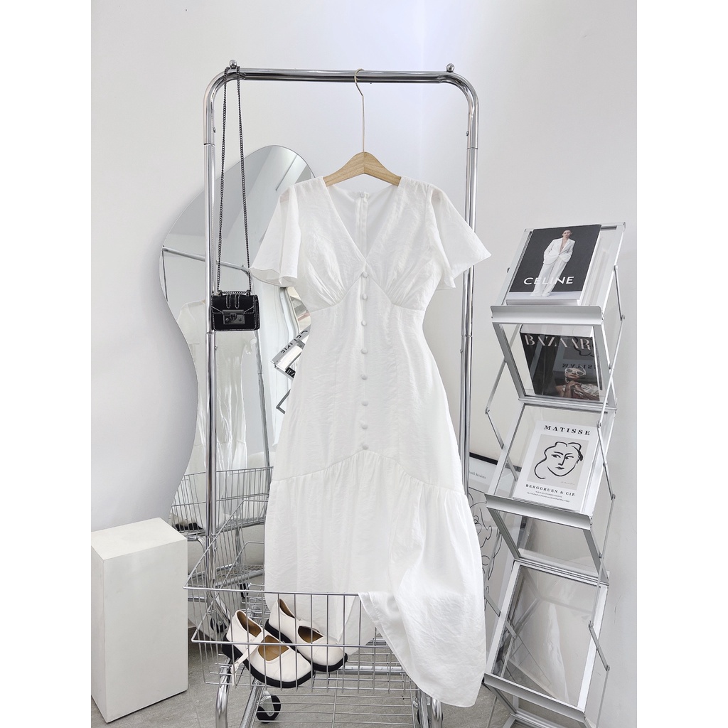 Đầm midi nữ voan bi đuôi cá trắng Thuỷ Tiên NÀNG CLOSET