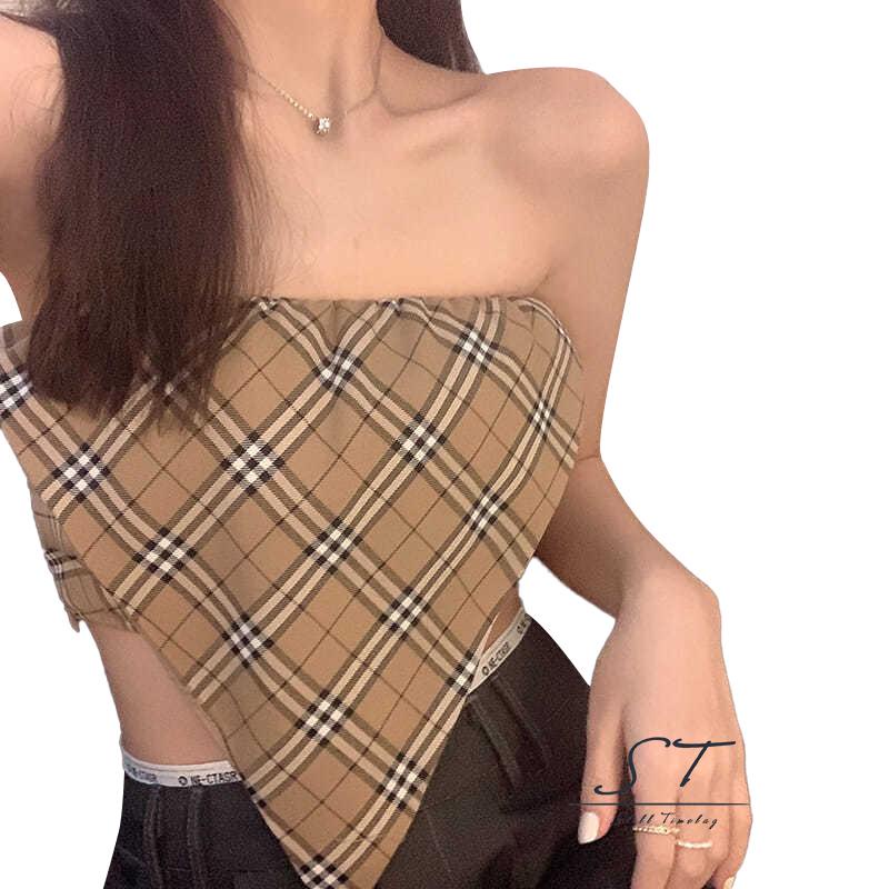 Áo Tank Top Không Tay Hở Vai In Họa Tiết Kẻ Ô CY03- Thời Trang Cho Nữ