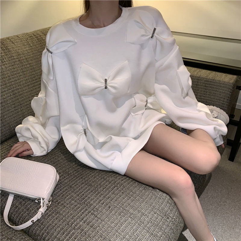 Áo sweatshirt cổ tròn dáng rộng trang trí nơ màu trắng thời trang thu đông Hàn Quốc 2021 cho nữ | BigBuy360 - bigbuy360.vn