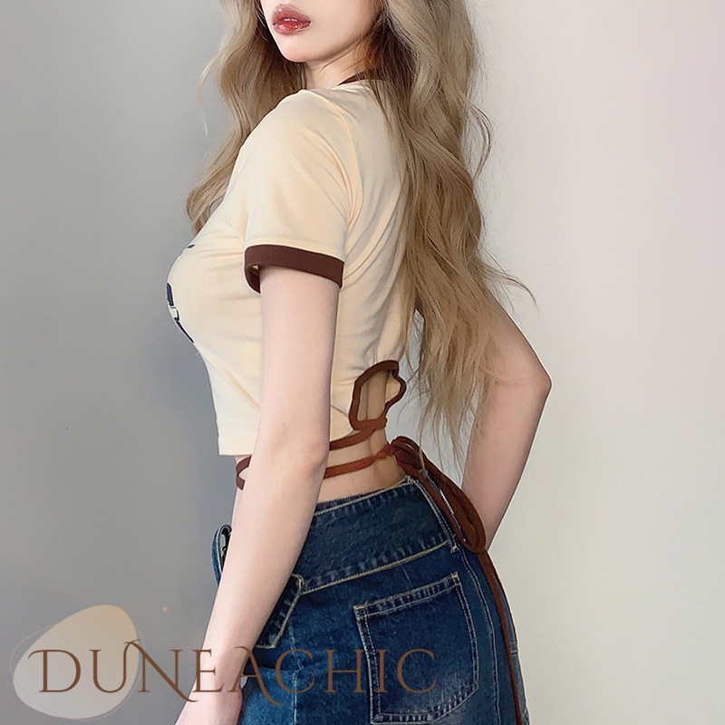 DUNEA Áo thun croptop tay ngắn thắt dây in họa tiết thời trang cho nữ