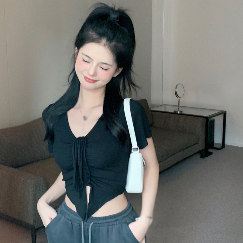 Áo Thun Crop Top Tay Ngắn Cổ Chữ V Màu Sắc Đơn Giản Phối Dây Rút Phong Cách Hàn Quốc Cho Nữ