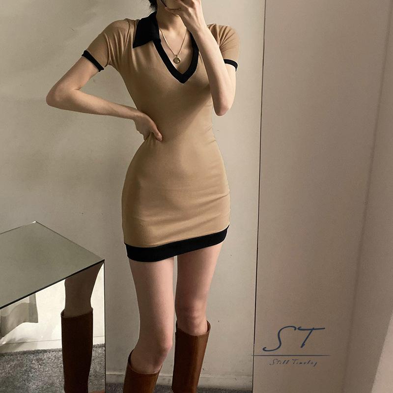 NFW-Đầm tay ngắn cổ chữ V ôm dáng màu đen/kaki/xanh dương cho nữ