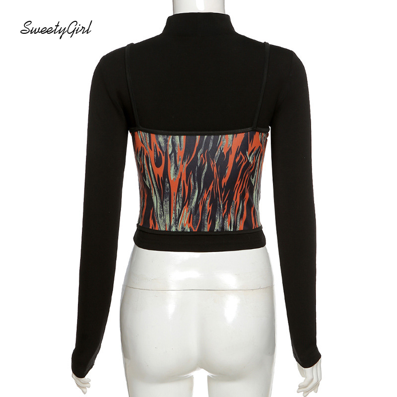SweetyGirl Fashion Women Two Pieces Clothing Set Multicolor Printing Tank Top + Half High Collar Long Sleeves Crop Top