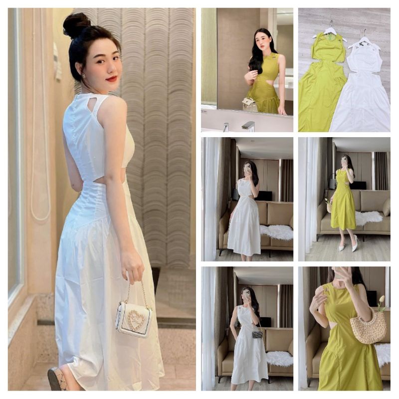 SP 1131❤️Váy maxi sát nách khoét eo xanh-trắng sexy quyến rũ (40-62kg)- có buôn sỉ