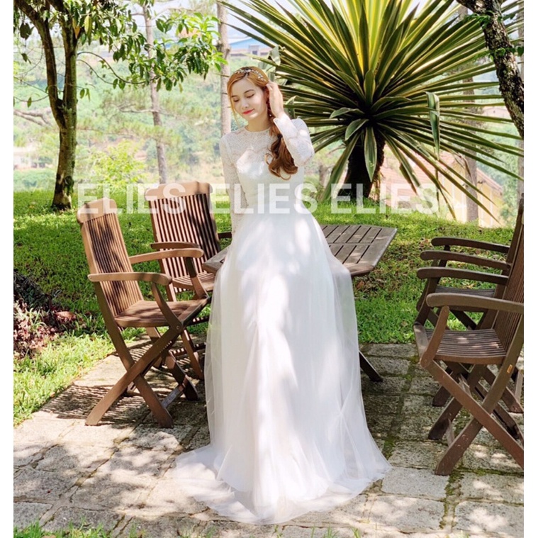 Váy cưới cô dâu đơn giản ren trắng tay dài kín đáo dáng suông ren lưới bling bling phong cách HQ ELIES