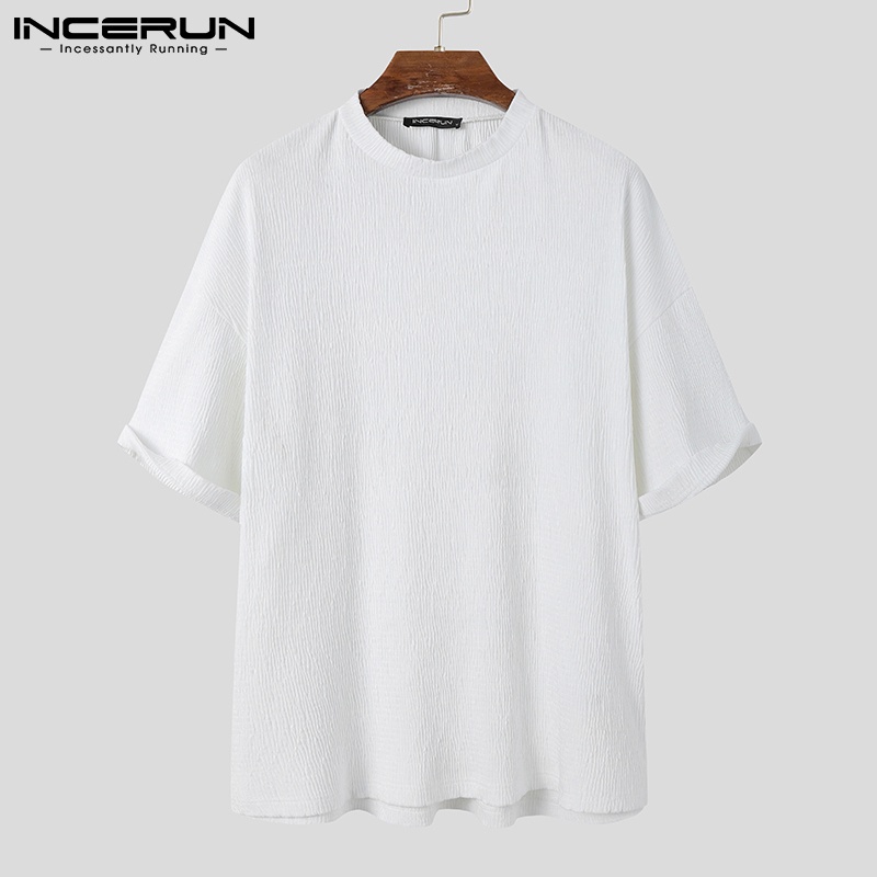 Áo thun INCERUN tay ngắn cổ tròn màu trơn phong cách đơn giản thường ngày dành cho nam