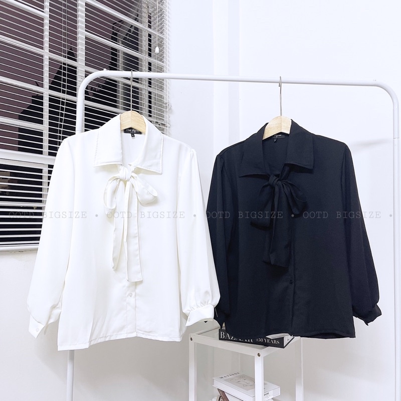 Áo sơ mi bigsize nữ tay dài nơ cổ