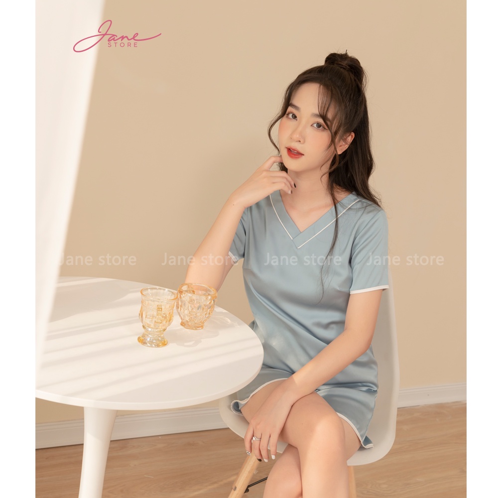 Bộ ngủ cộc tay viền trắng Đồ ngủ nữ chất liệu Lụa Pháp cao cấp mềm mịn thoáng mát Jane mã LP50