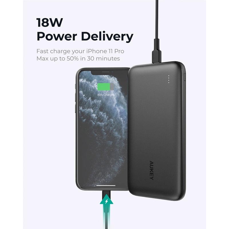 Pin Dự Phòng Siêu Mỏng Basix Slim Aukey N73S, 10000mah, 3 cổng sạc, sạc nhanh PD 18W