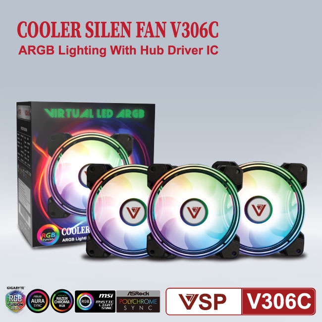 Bộ 3 Fan VSP V306C Led RGB kèm hub và remote Cho Case kính cường lực