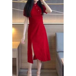 Sườn Xám Đỏ Vạt Cung Đính Hạt