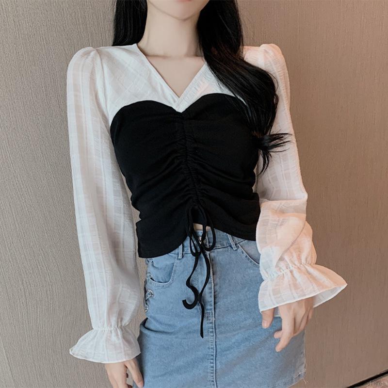 Áo Sơ Mi Tay Phồng Cổ Chữ V Dáng Rộng Phối Dây Rút Kiểu Hàn Quốc Cho Nữ