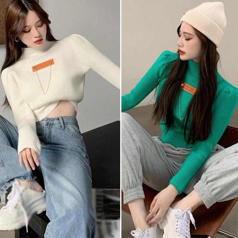 Áo Croptop Dệt Kim Tay Dài Thiết Kế Cổ Lọ Thanh Lịch