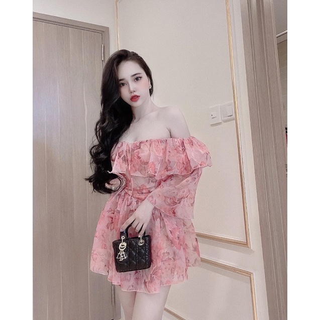 Đầm xoè voan hoa trễ vai tay dài phong cách sexy ngọt ngào