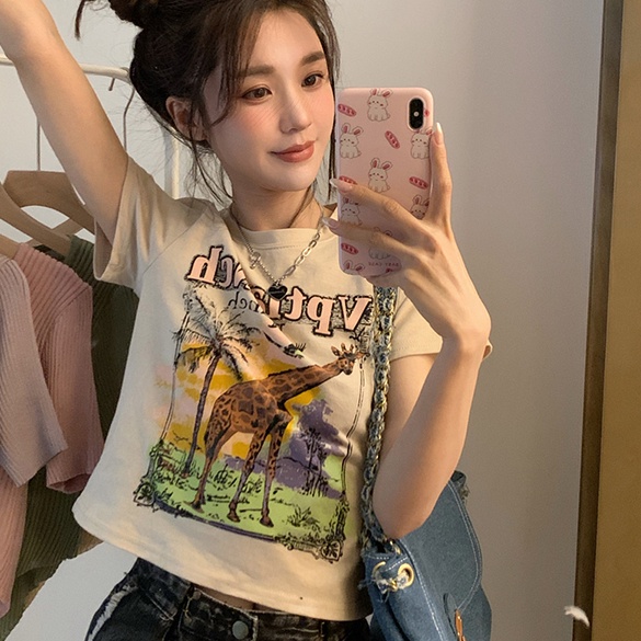 SUXI Áo Thun Tay Ngắn Cổ Tròn Dáng Ôm In Họa Tiết Vintage Thời Trang Mùa Hè Cho Nữ